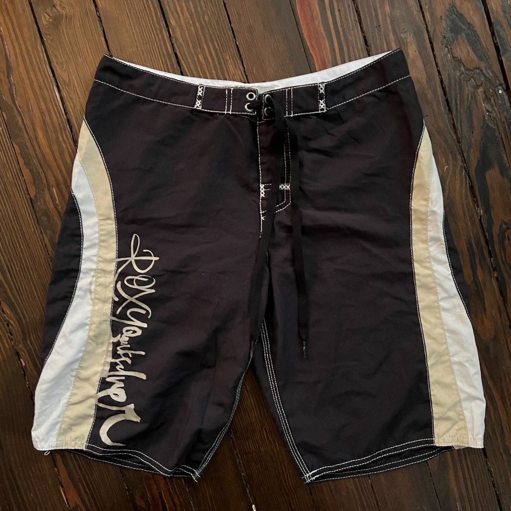 Vintage Roxy Quicksilver Black Tan Distressed Board Shorts Sz 3 Small